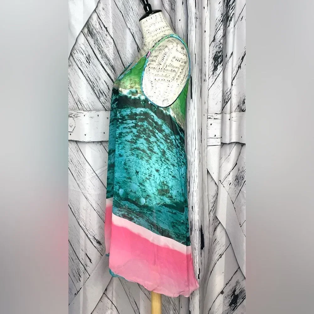 ENTREAGUAS WEARABLE ART GREEN PINK COVERUP DRESS OS